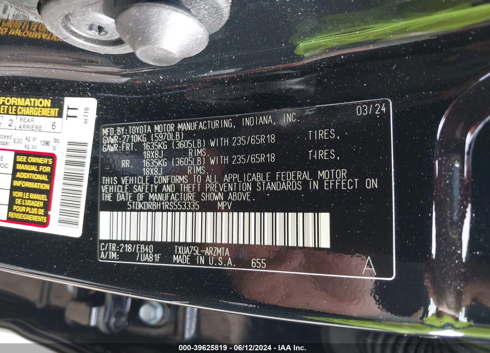 2024 TOYOTA HIGHLANDER XLE VIN: 5TDKDRBH1RS553335