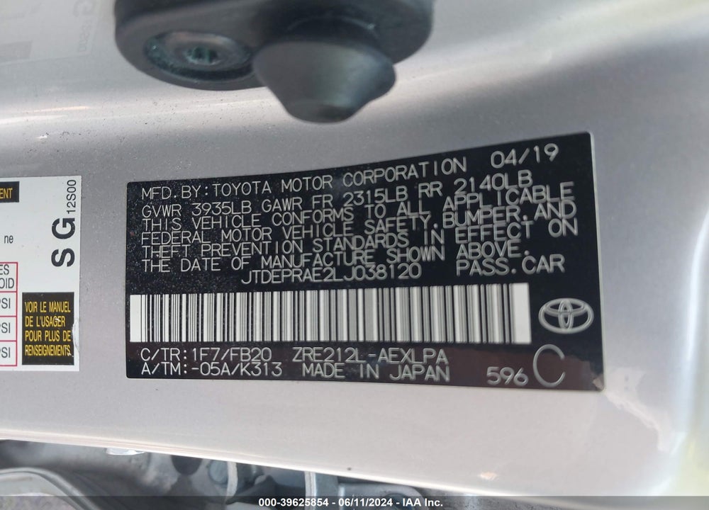2020 TOYOTA COROLLA LE VIN: JTDEPRAE2LJ038120