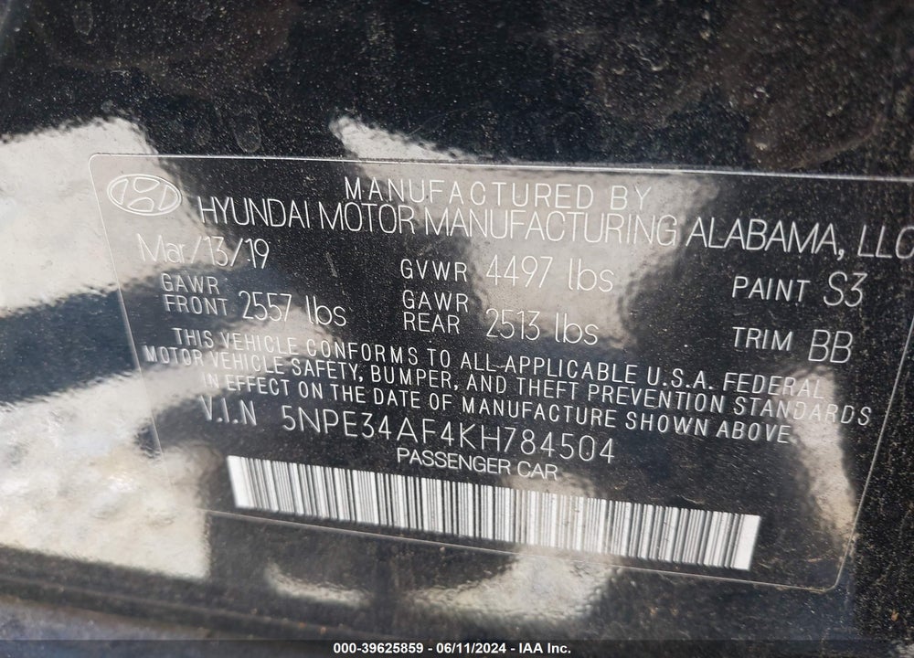 2019 HYUNDAI SONATA SEL VIN: 5NPE34AF4KH784504