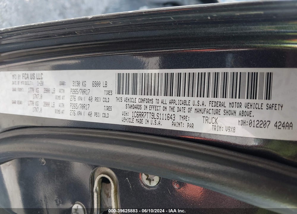 2020 RAM 1500 CLASSIC SLT 4X4 6'4 BOX VIN: 1C6RR7TT9LS111643