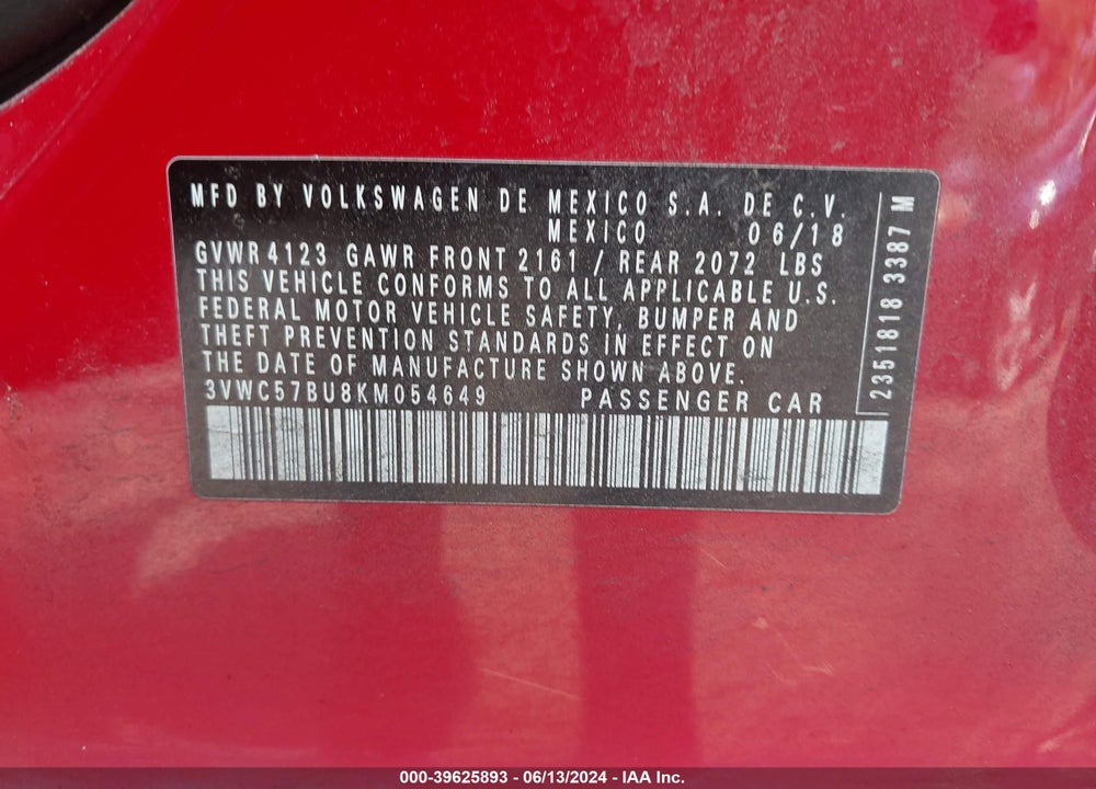 2019 VOLKSWAGEN JETTA 1.4T R-LINE/1.4T S/1.4T SE VIN: 3VWC57BU8KM054649