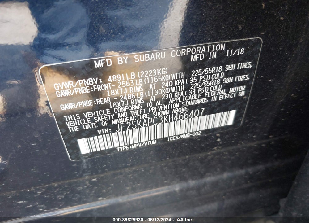 2019 SUBARU FORESTER SPORT VIN: JF2SKAPC3KH466407