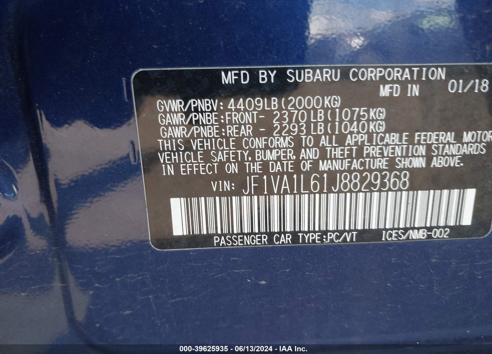 2018 SUBARU WRX LIMITED VIN: JF1VA1L61J8829368