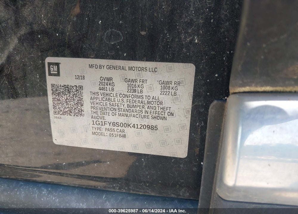 2019 CHEVROLET BOLT EV LT VIN: 1G1FY6S00K4120985