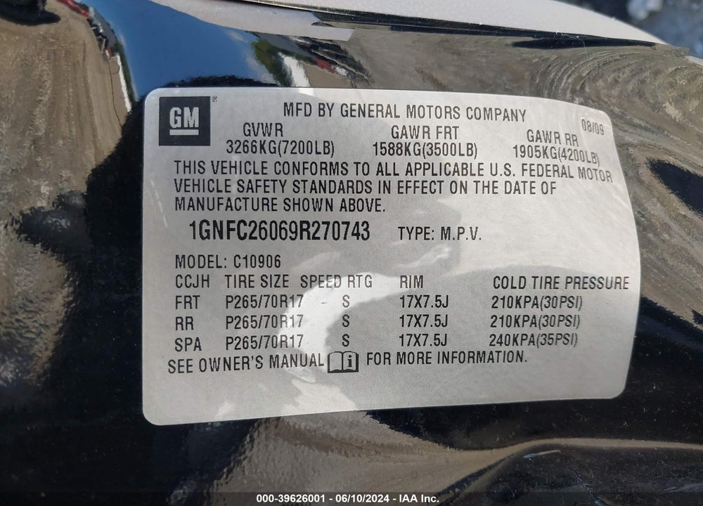 2009 CHEVROLET SUBURBAN 1500 LT2 VIN: 1GNFC26069R270743