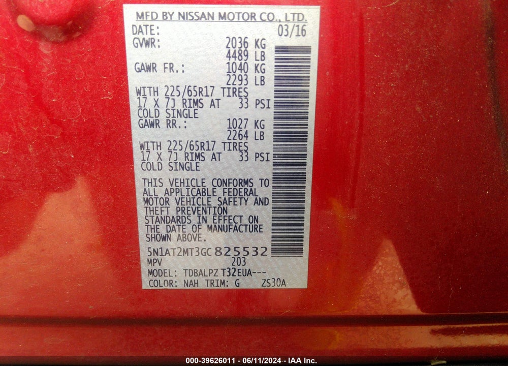 2016 NISSAN ROGUE S/SL/SV VIN: 5N1AT2MT3GC825532