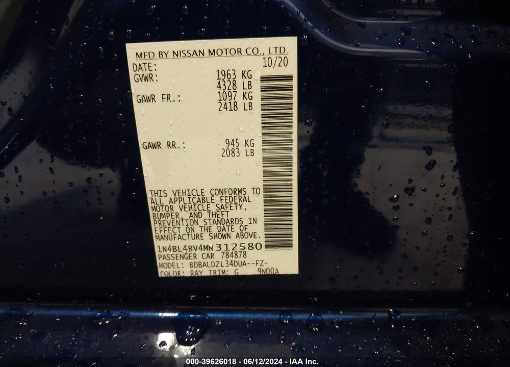 2021 NISSAN ALTIMA S FWD VIN: 1N4BL4BV4MN312580