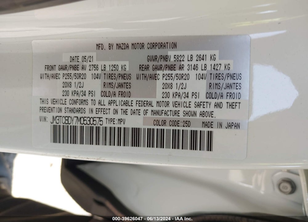 2021 MAZDA CX-9 GRAND TOURING VIN: JM3TCBDY7M0530575