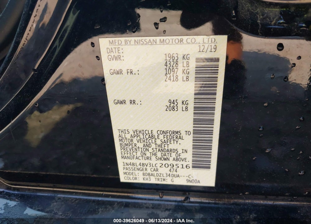 2020 NISSAN ALTIMA VIN: 1N4BL4BV3LC209516