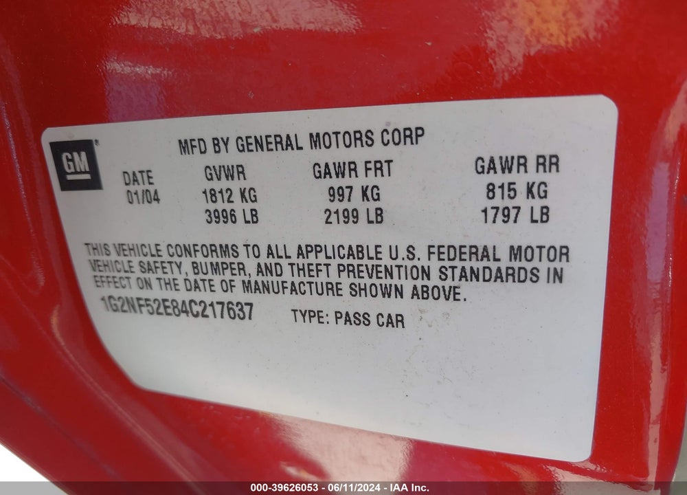 2004 PONTIAC GRAND AM SE1 VIN: 1G2NF52E84C217637