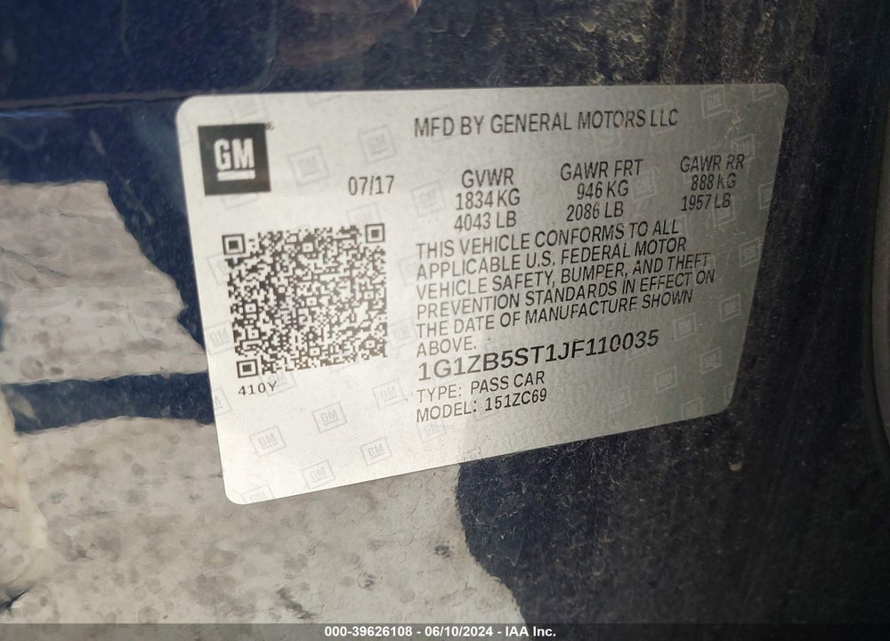 2018 CHEVROLET MALIBU 1LS VIN: 1G1ZB5ST1JF110035