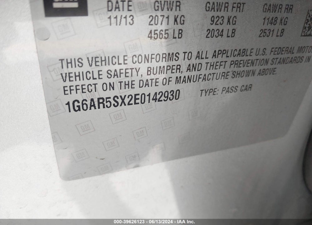2014 CADILLAC CTS LUXURY VIN: 1G6AR5SX2E0142930