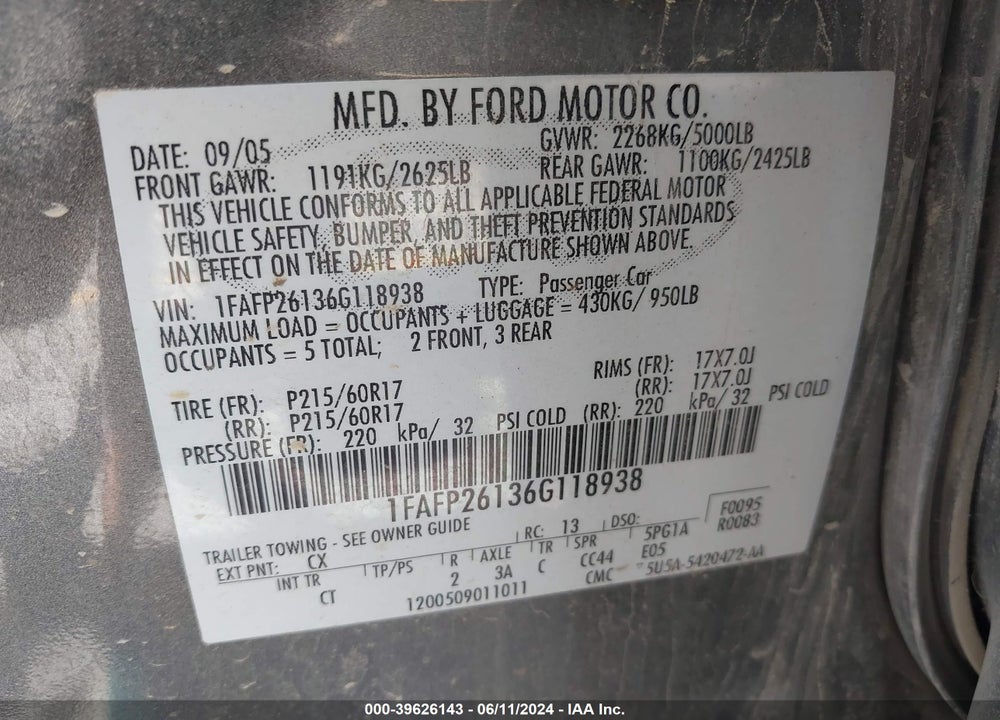 2006 FORD FIVE HUNDRED SE VIN: 1FAFP26136G118938