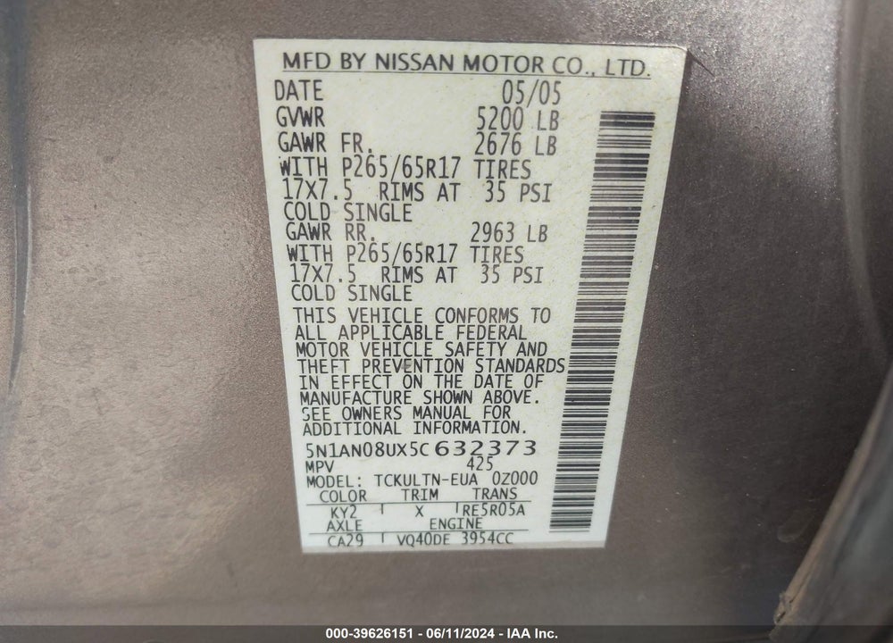 2005 NISSAN XTERRA SE VIN: 5N1AN08UX5C632373