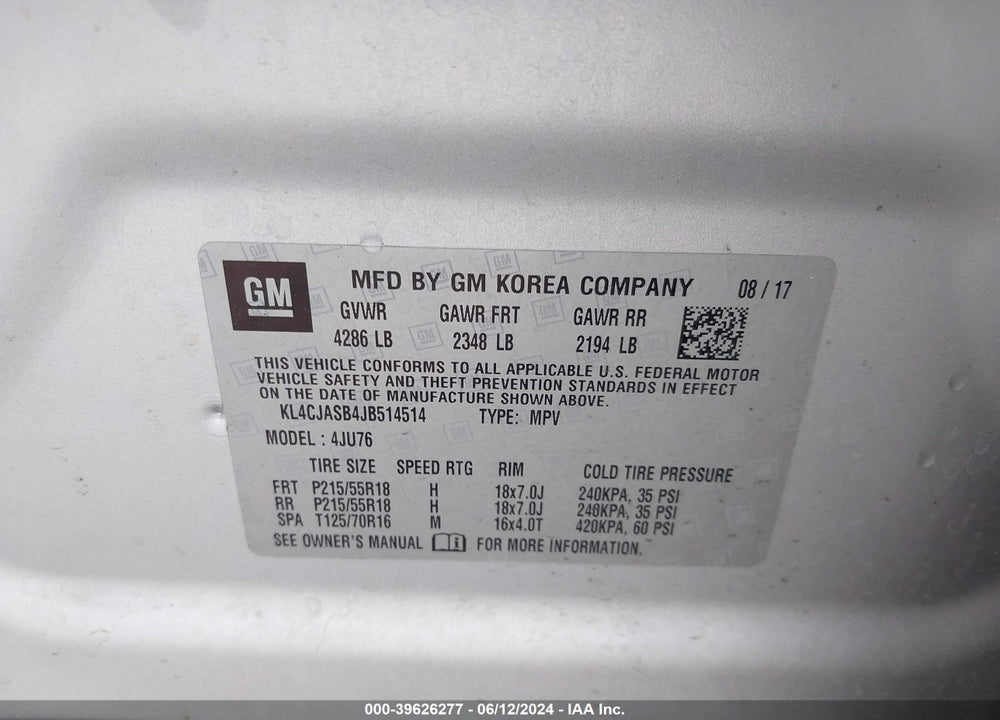 2018 BUICK ENCORE PREFERRED VIN: KL4CJASB4JB514514