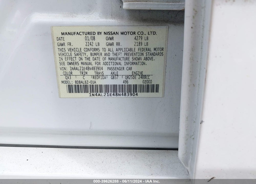 2008 NISSAN ALTIMA 2.5 S VIN: 1N4AL21E48N483904