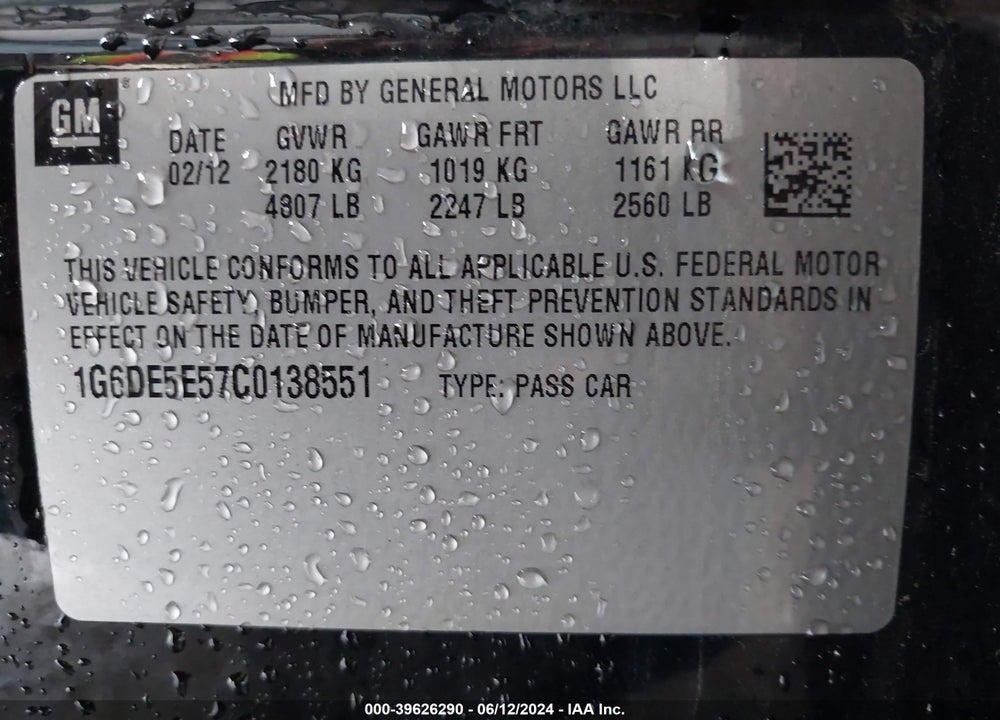 2012 CADILLAC CTS LUXURY VIN: 1G6DE5E57C0138551
