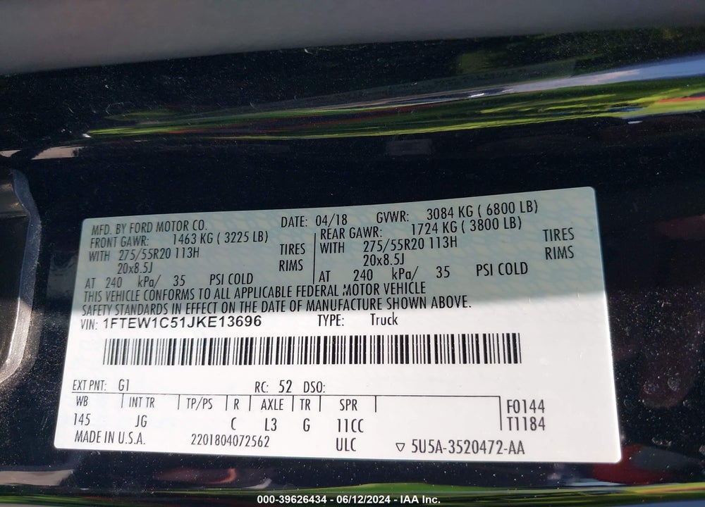 2018 FORD F-150 XL VIN: 1FTEW1C51JKE13696