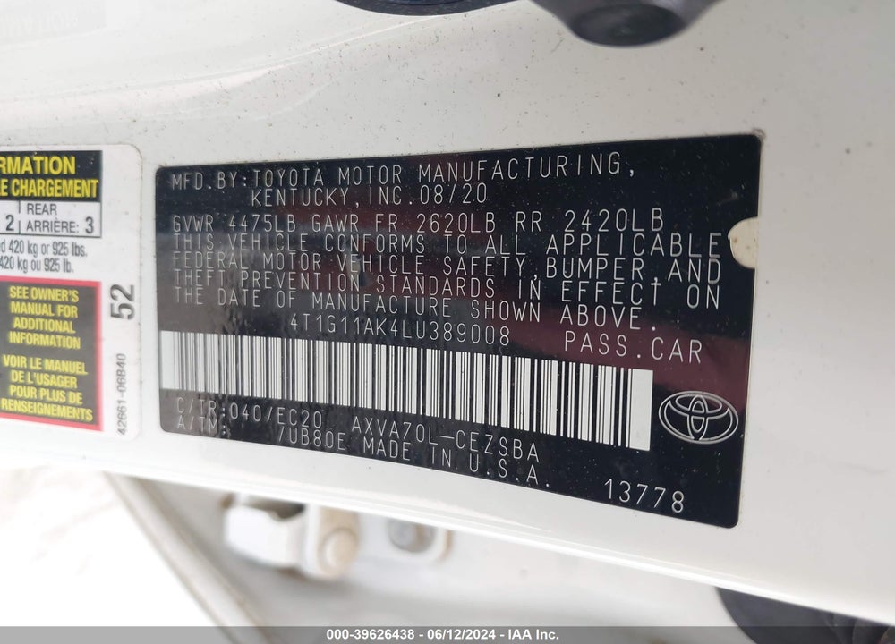 2020 TOYOTA CAMRY SE NIGHTSHADE EDITION VIN: 4T1G11AK4LU389008