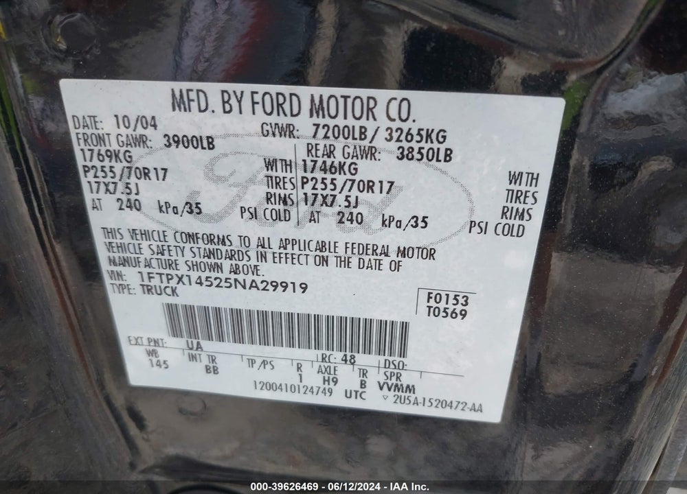 2005 FORD F-150 FX4/LARIAT/XL/XLT VIN: 1FTPX14525NA29919