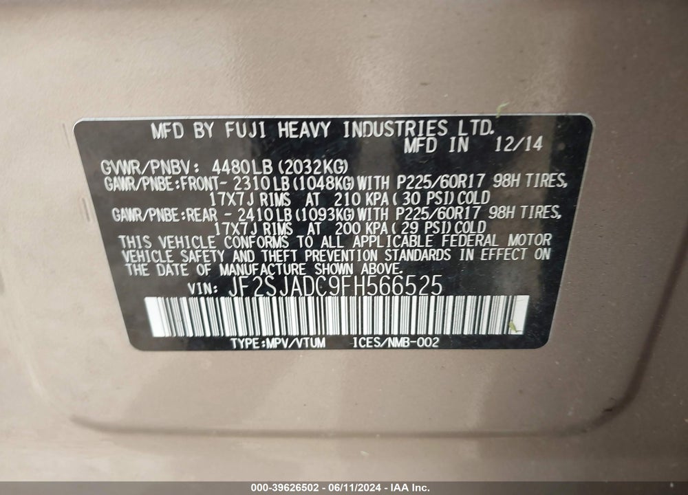 2015 SUBARU FORESTER 2.5I PREMIUM VIN: JF2SJADC9FH566525