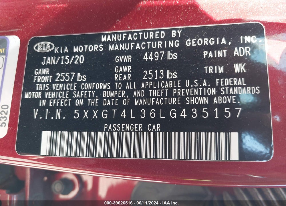 2020 KIA OPTIMA SE VIN: 5XXGT4L36LG435157