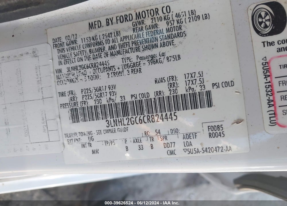 2012 LINCOLN MKZ VIN: 3LNHL2GC6CR824445