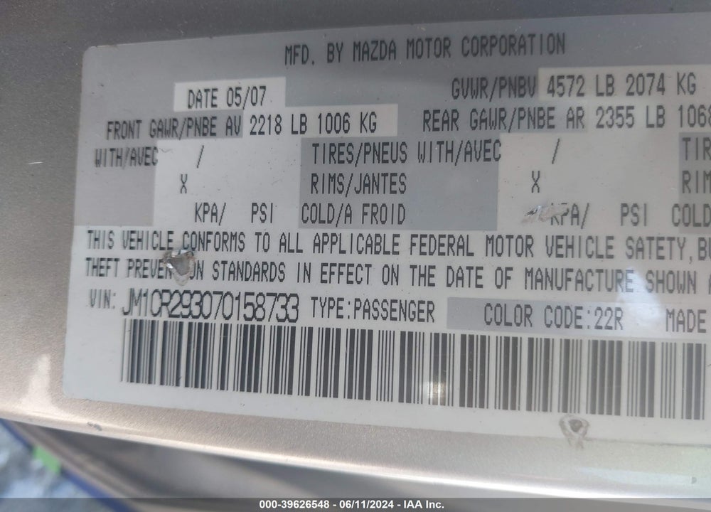 2007 MAZDA MAZDA5 VIN: JM1CR293070158733
