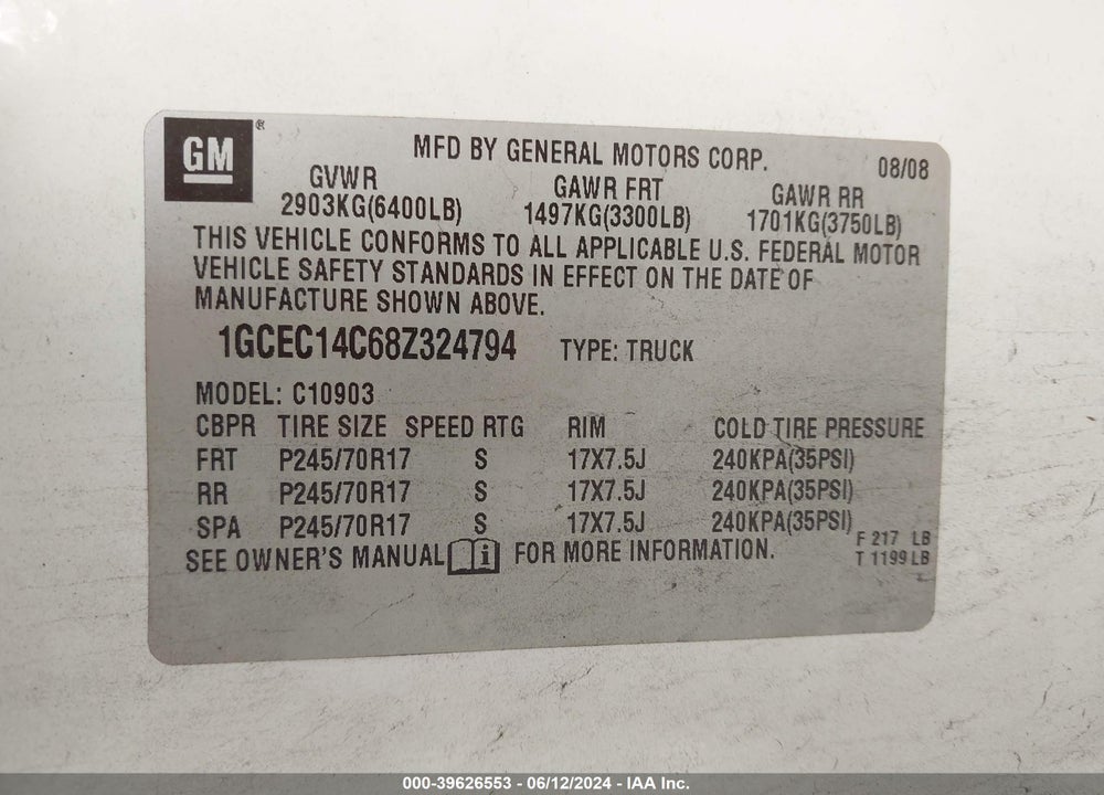 2008 CHEVROLET SILVERADO 1500 WORK TRUCK VIN: 1GCEC14C68Z324794