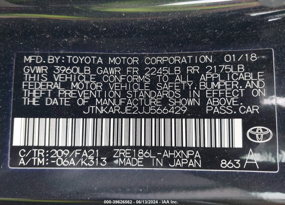 2018 TOYOTA COROLLA IM VIN: JTNKARJE2JJ566429