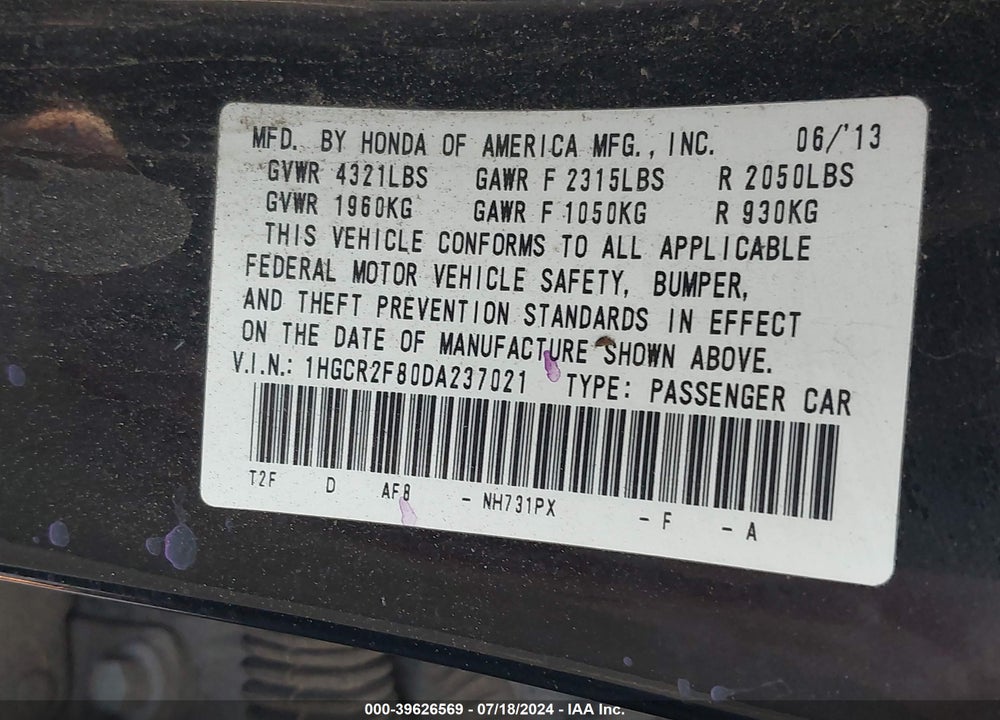 2013 HONDA ACCORD EX-L VIN: 1HGCR2F80DA237021