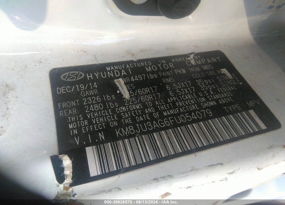 2015 HYUNDAI TUCSON SE VIN: KM8JU3AG6FU054079