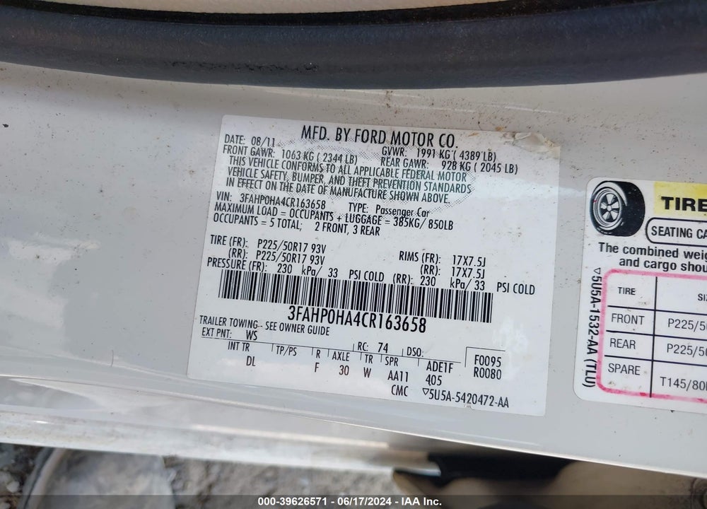 2012 FORD FUSION SE VIN: 3FAHP0HA4CR163658
