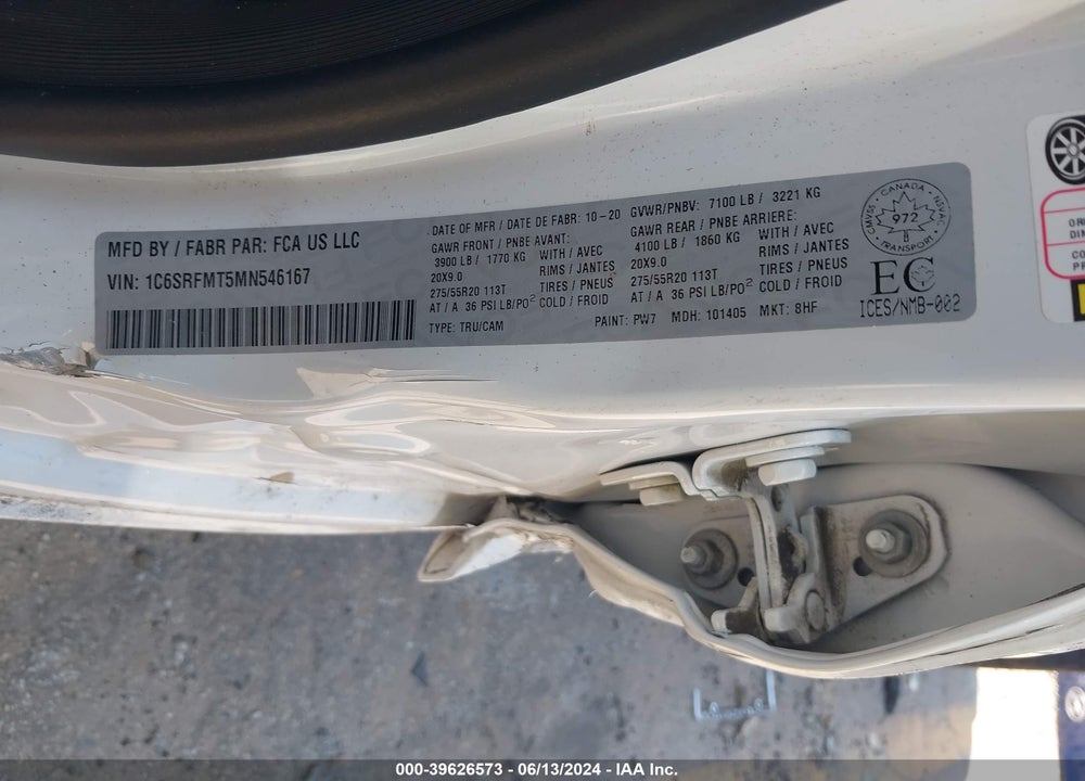 2021 RAM 1500 BIG HORN VIN: 1C6SRFMT5MN546167
