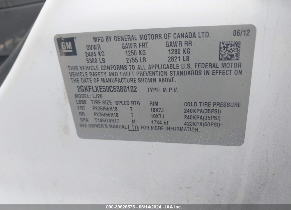 2012 GMC TERRAIN SLT-2 VIN: 2GKFLXE50C6380102