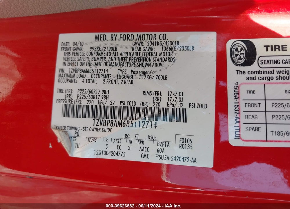 2011 FORD MUSTANG V6/V6 PREMIUM VIN: 1ZVBP8AM6B5112714