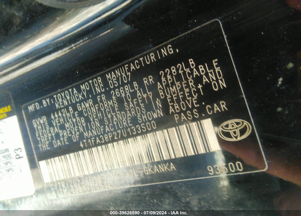 2007 TOYOTA CAMRY SOLARA SE VIN: 4T1FA38P27U133500