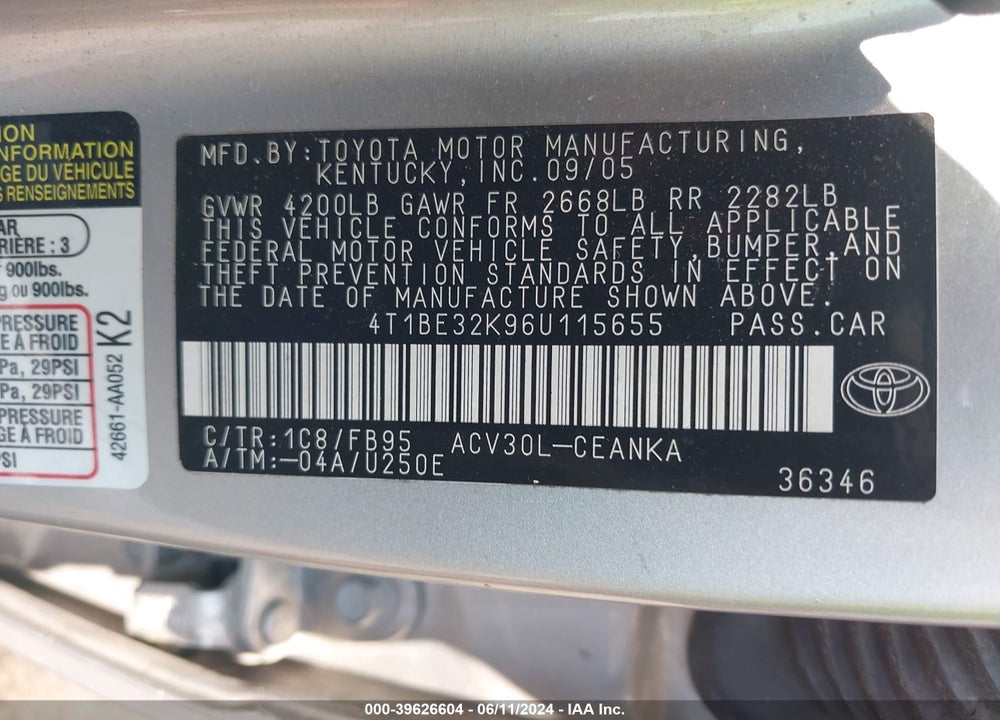 2006 TOYOTA CAMRY LE VIN: 4T1BE32K96U115655