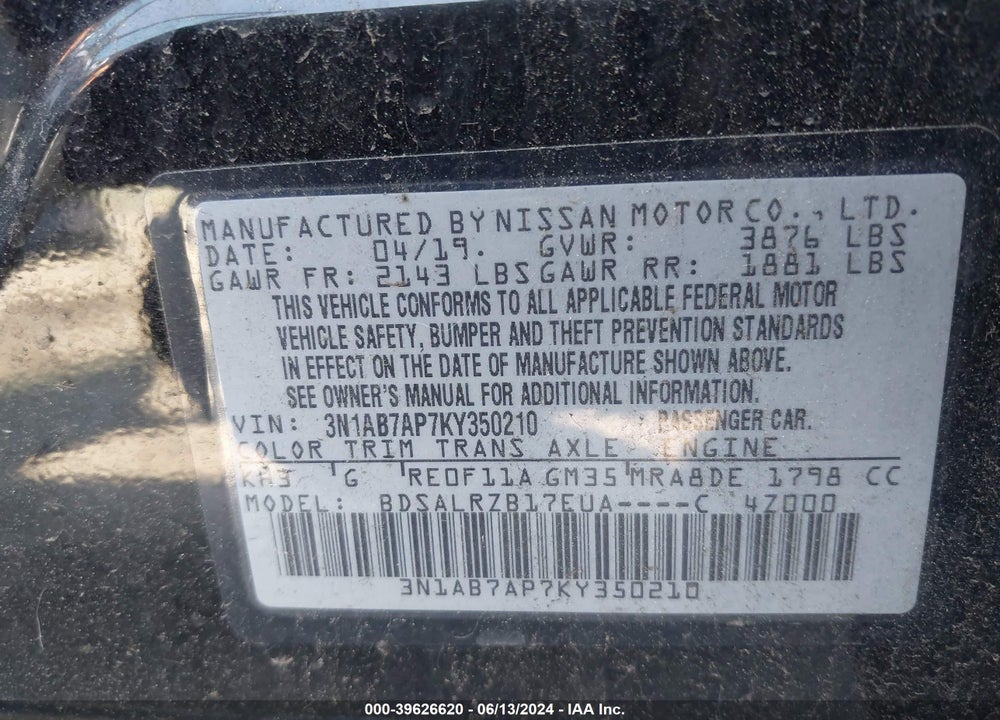 2019 NISSAN SENTRA SR VIN: 3N1AB7AP7KY350210