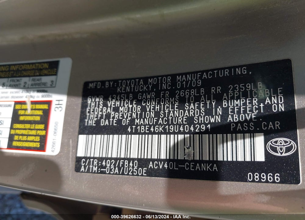 2009 TOYOTA CAMRY LE VIN: 4T1BE46K19U404291