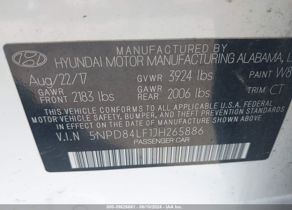 2018 HYUNDAI ELANTRA SEL VIN: 5NPD84LF1JH265886