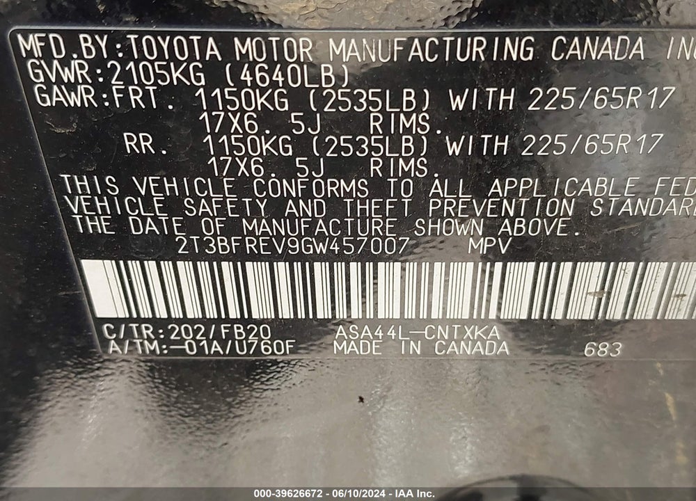 2016 TOYOTA RAV4 LE VIN: 2T3BFREV9GW457007