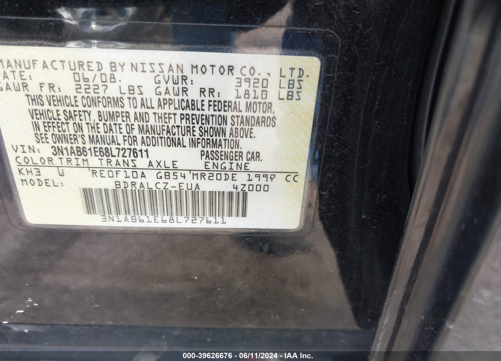 2008 NISSAN SENTRA 2.0 VIN: 3N1AB61E68L727611