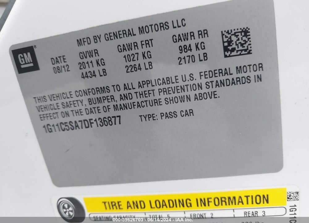 2013 CHEVROLET MALIBU 1LT VIN: 1G11C5SA7DF136877