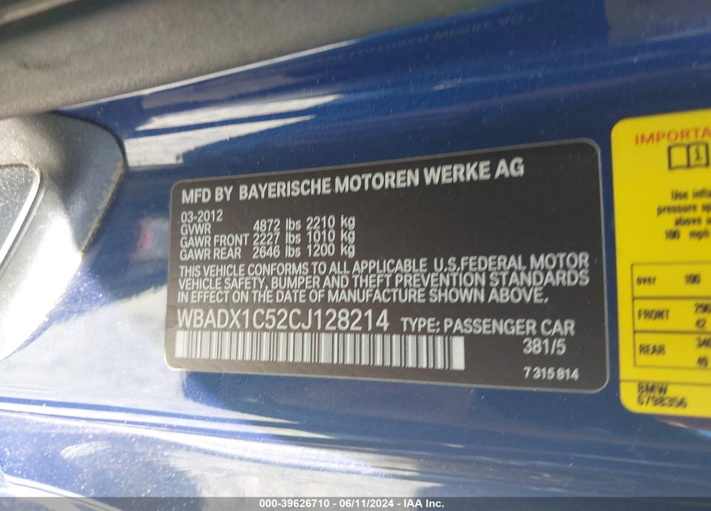 2012 BMW 335IS VIN: WBADX1C52CJ128214