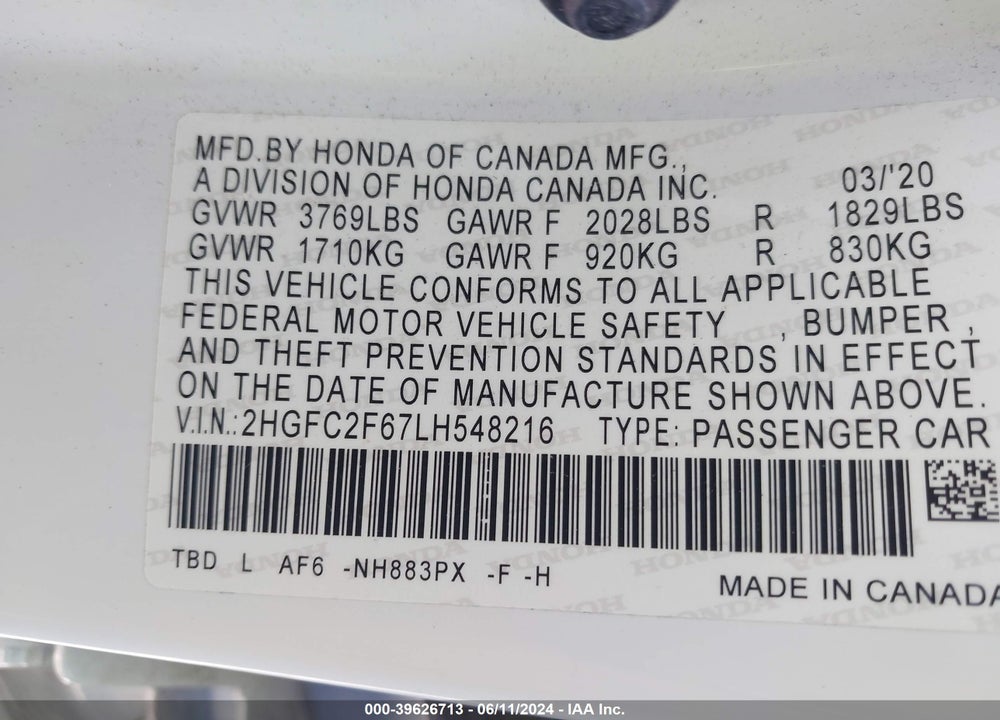2020 HONDA CIVIC LX VIN: 2HGFC2F67LH548216