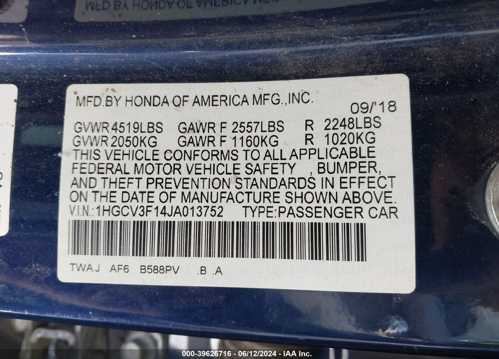 2018 HONDA ACCORD HYBRID VIN: 1HGCV3F14JA013752
