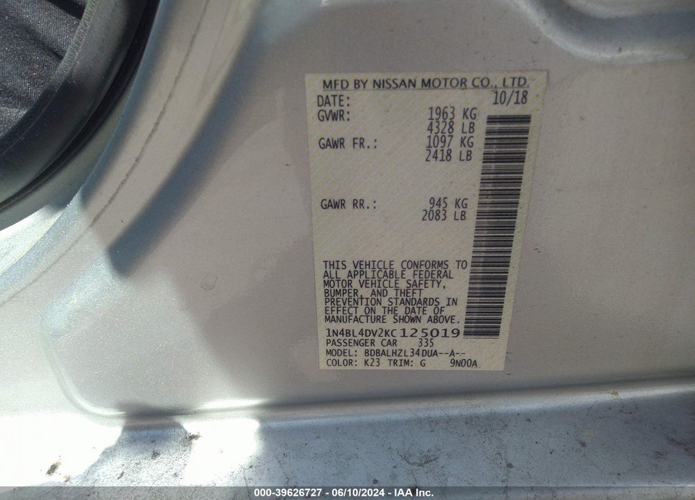 2019 NISSAN ALTIMA 2.5 SV VIN: 1N4BL4DV2KC125019