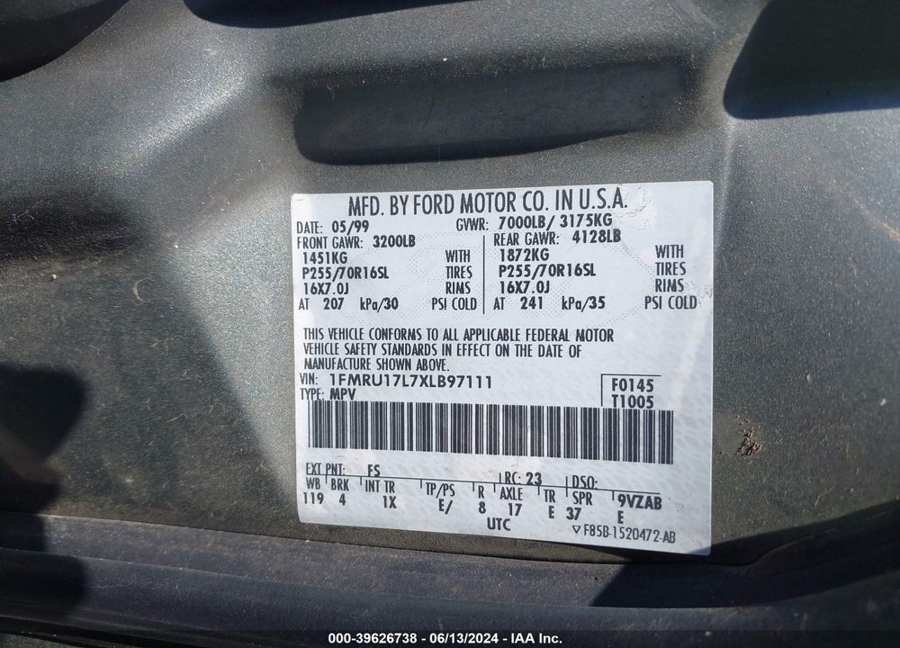 1999 FORD EXPEDITION EDDIE BAUER/XLT VIN: 1FMRU17L7XLB97111