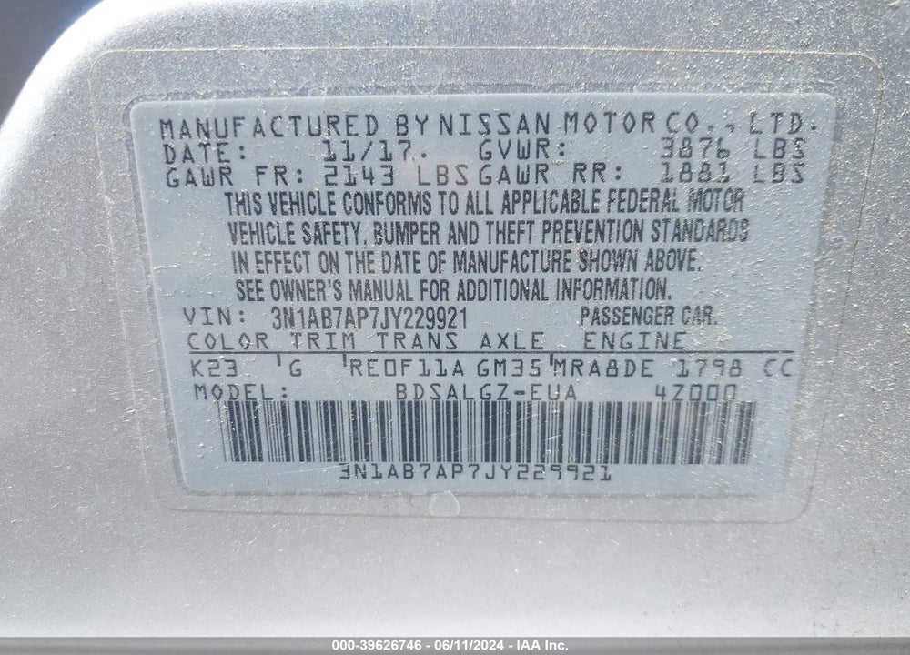 2018 NISSAN SENTRA SL VIN: 3N1AB7AP7JY229921
